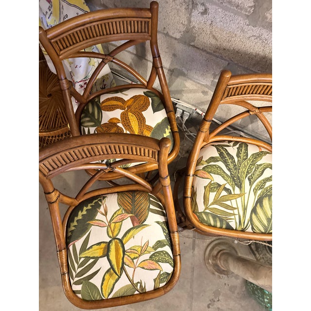 Art Deco 1960s Rare Trio of X-Back Bamboo Swivel Counter Stools (3) - Refurbished and Reupholstered For Sale - Image 3 of 12