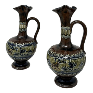 Antique Pair English Porcelain Royal Doulton Art Nouveau Ewers Pitchers Urns