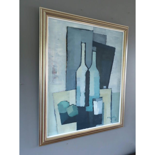 Mid-Century Modern 'Bottles in Blue Geometry' Vintage Swedish Cubist Still Life Oil Painting, Framed For Sale - Image 4 of 13