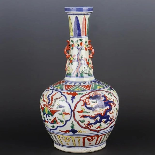 Art Deco Chinese Vintage Ceramic Vase,Ming Dynasty Wanli Marked Blue and White Doucai Porcelain Dan Ping Vase Hand Painted Dragon Phoenix Pattern For Sale - Image 3 of 9