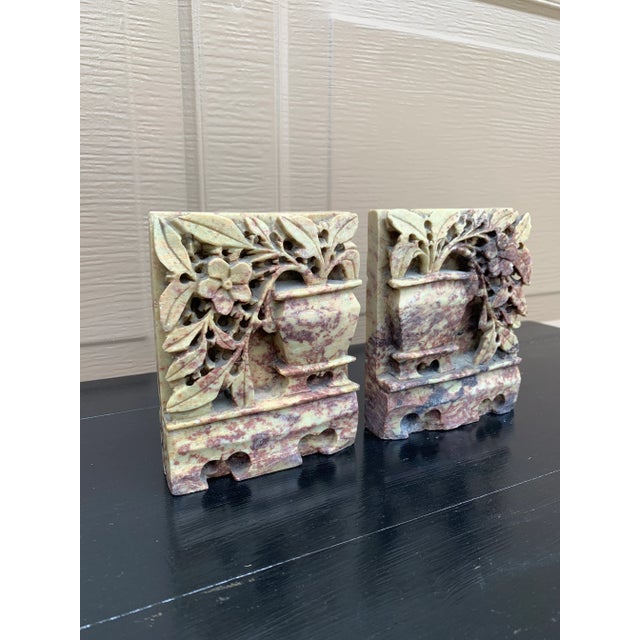 1920s Antique Chinese Art Deco Carved Soapstone Floral Bookends, Pair For Sale - Image 5 of 13