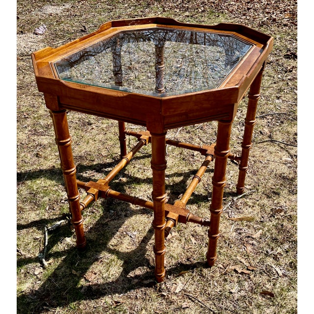 Ornamental & Decorative Materials Lane Furniture Accent Table Maple Wood Octagon Beveled Glass Top Faux Bamboo For Sale - Image 7 of 7