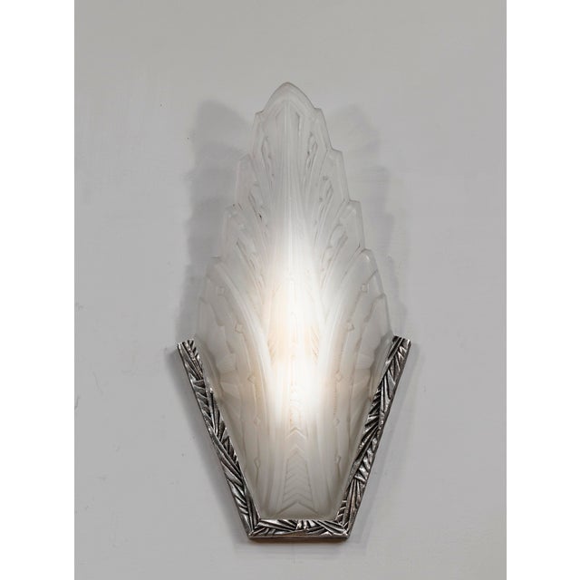 Silver French Art Deco Wall Sconces by Verreries Des Hanots 1925 France - A Pair For Sale - Image 8 of 10
