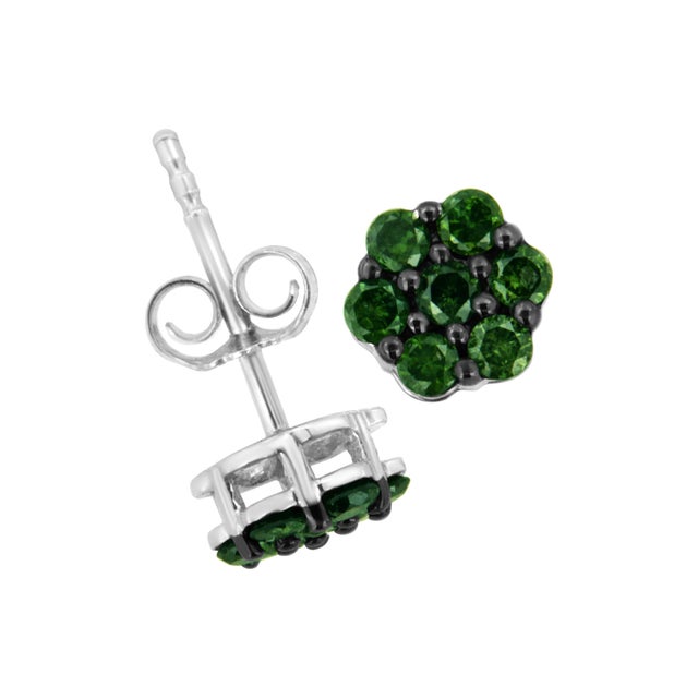 .925 Sterling Silver 2.0 Cttw Prong Set Round-Cut Treated Green Diamond Floral Cluster Stud Earring (Fancy Green Color, I1-I2 Clarity) For Sale - Image 4 of 6