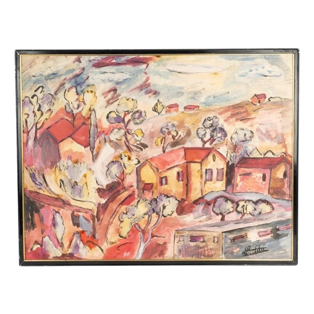 Pierre Ledda, Houses on a Hill, 20th Century, Oil Painting on Cardboard For Sale