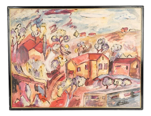 Pierre Ledda, Houses on a Hill, 20th Century, Oil Painting on Cardboard