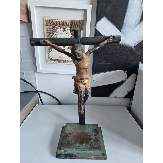 19th C Latin American Santo of Jesus on the Cross sold as found in good structural condition showing normal signs of wear...