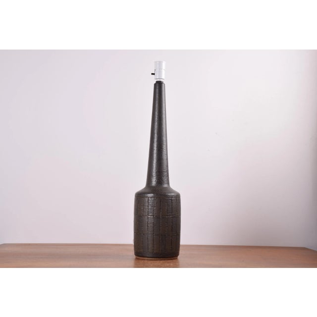 Mid-Century Danish Ceramic Table Lamp in Dark Brown Green Glaze with Shade from Palshus, 1960s For Sale - Image 3 of 11