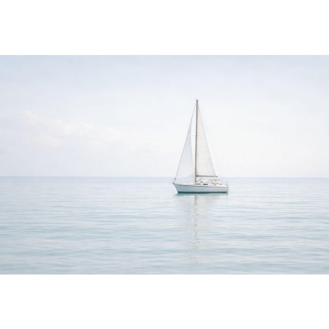 Soft Coastal Sailboat, Minimalist Seascape Art Print, 36″ × 24″ For Sale