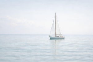 Soft Coastal Sailboat, Minimalist Seascape Art Print, 36″ × 24″