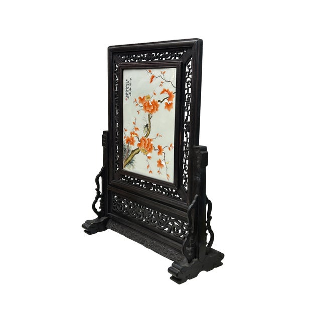 Orange Chinese Orange Blossoms Porcelain Painting Wood Frame Tabletop Screen Art For Sale - Image 8 of 9