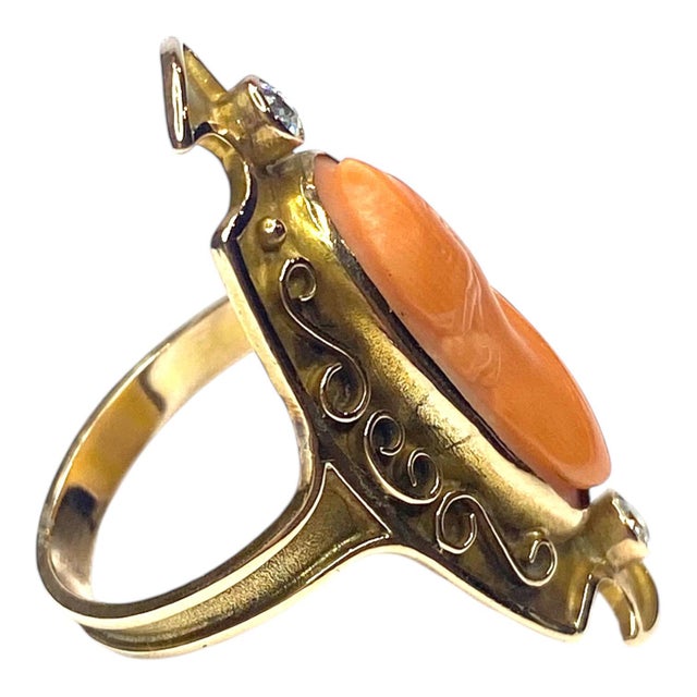 Late 19th Century Antique 14k Gold Coral Cameo & Diamond Ring Size 5 For Sale - Image 5 of 6
