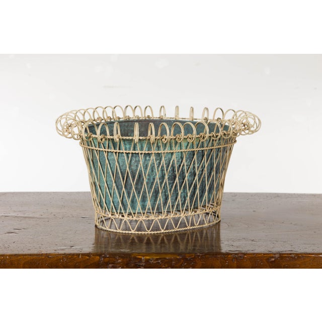 French Rustic French Midcentury Oval Metal Cachepot with Scrolling Effects For Sale - Image 3 of 12