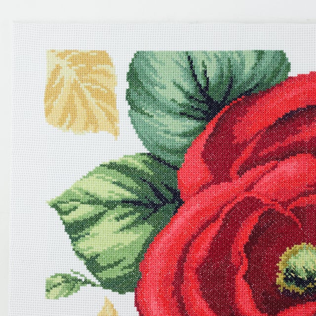 Vintage Floral Needlepoint Textile Art – Bold Red Rose Blossom and Botanical Leaf Motif For Sale - Image 4 of 9
