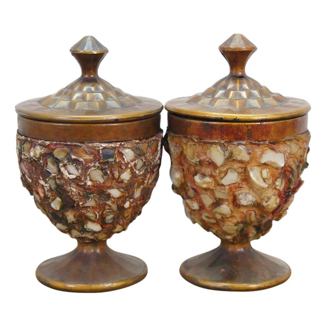 Vintage Amethyst Glass Bronzed Shell Stone Urns Folk Art Mosaic Lidded Chalices For Sale
