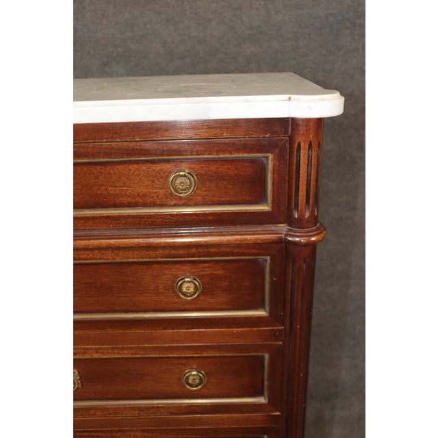 Antique French Louis XVI Style Marble Top Brass Mounted 7 Drawer High Chest For Sale - Image 12 of 13