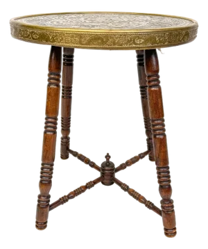 Antique Brass Tray Table with Turned Wood Legs, 1890s