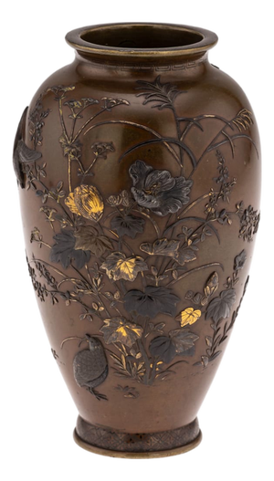 Antique Japanese Meiji Inlaid Bronze Ovoid Mitsunorian Vase, 19th Century
