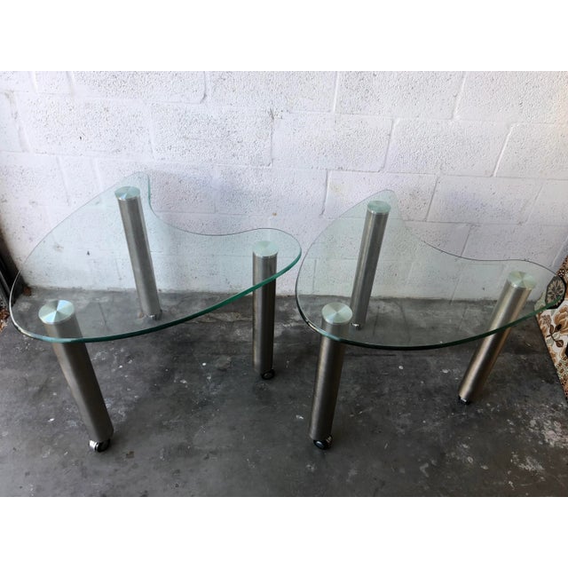 Late 20th Century Kidney Shape Glass Side Tables With Casters (A Pair) For Sale - Image 4 of 13