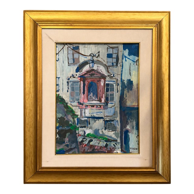 Vintage Mediterranean Architectural Oil Painting, Signed Ferrero For Sale
