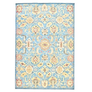 Afghan Sultanabad Wool 6x9 Light Blue & Tan Handmade Area Rug #1144039 For Sale