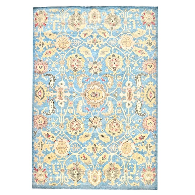 Afghan Sultanabad Wool 6x9 Light Blue & Tan Handmade Area Rug #1144039 For Sale