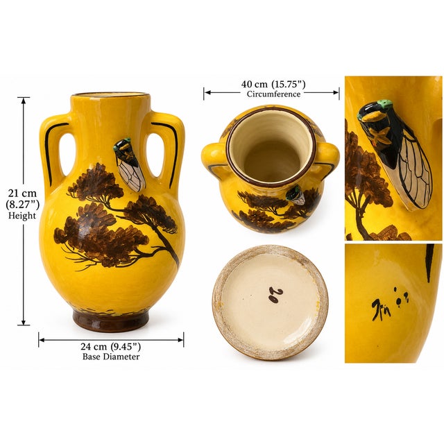 Vintage French Provençal Cicada Vase Attributed to Louis Sicard – Hand-Painted Yellow Glazed Pottery For Sale - Image 4 of 4
