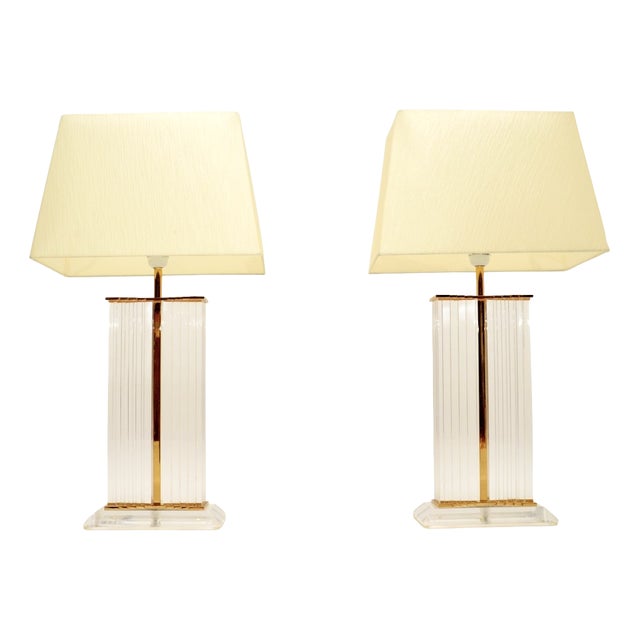 Vintage French Acrylic Glass and Brass Table Lamps, 1970, Set of 2 For Sale