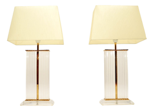 Vintage French Acrylic Glass and Brass Table Lamps, 1970, Set of 2