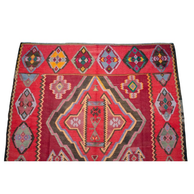 Ruby Red 1980s Vintage Handmade Rug Turkish Kilim Area Rug - 6′8″ X 12′4″ For Sale - Image 8 of 12