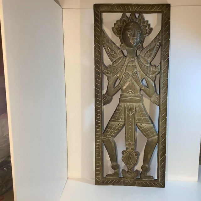 1940s Vintage Bali Hand-Craved Folk Art Deity Wooden Wall Sculpture. For Sale - Image 11 of 11