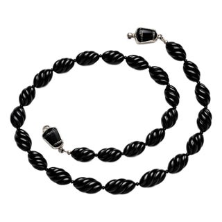 Art Deco Style Black Onyx Beaded Necklace, Sterling Silver Clasp, 21.5" For Sale