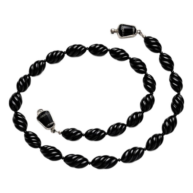 Art Deco Style Black Onyx Beaded Necklace, Sterling Silver Clasp, 21.5" For Sale