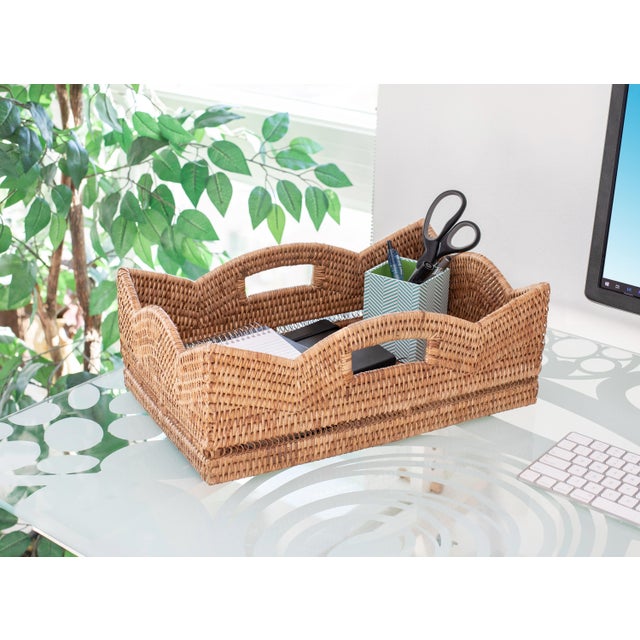 Artifacts Rattan Rectangular Scalloped Shelf Basket - Honey Brown For Sale - Image 4 of 7
