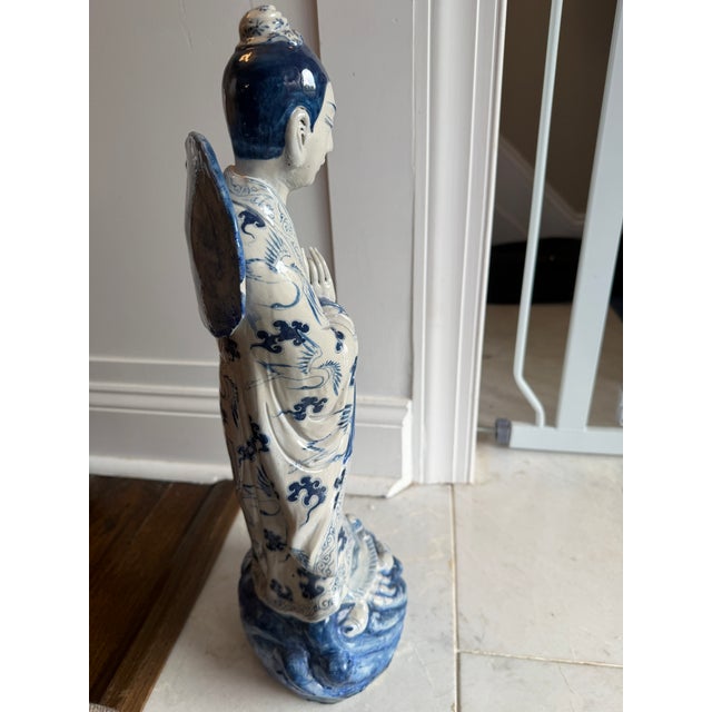 Blue Antique Chinese Porcelain Immortal Statue, Blue & White China Crab Figural For Sale - Image 8 of 12