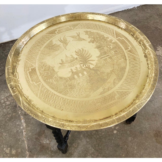 Vintage Engraved Blue Willow Pattern Brass Tray Table For Sale In Kansas City - Image 6 of 9