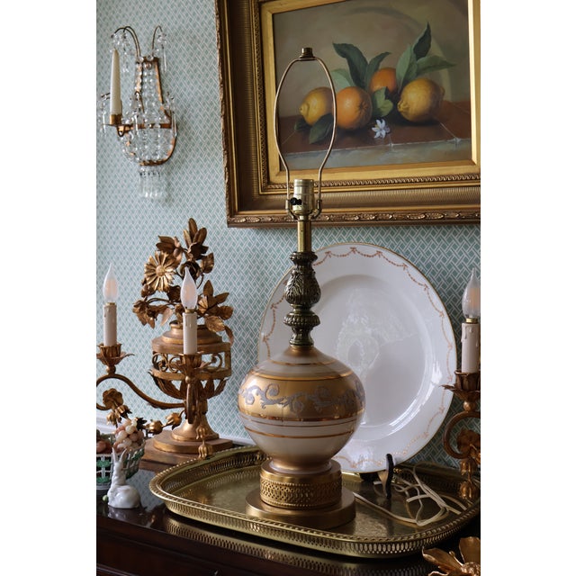 Vintage Hollywood Regency Gold and White Satin Glass Table Lamp For Sale - Image 11 of 18
