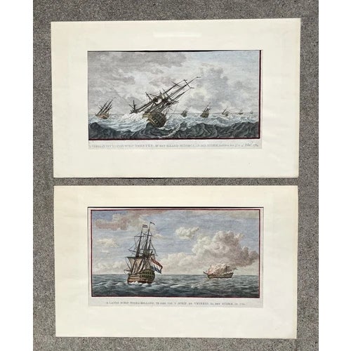 Set of Two 18th Century Dutch Navy Netherlands Hand Colored Maritime Etchings. Top etching shown titled: "'T Vergaan Van's...
