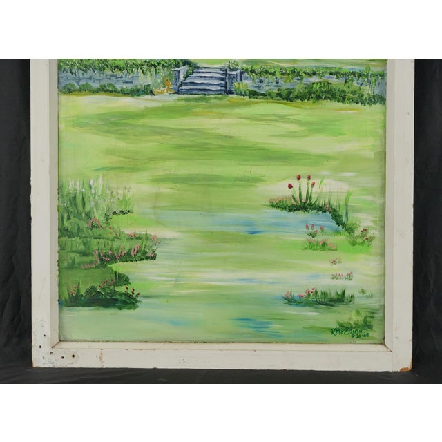 Green Hand Painted Landscape Reclaimed Window Wall Art For Sale - Image 8 of 16