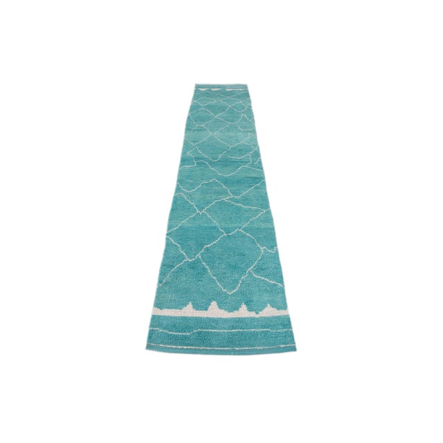Contemporary Modern Turquoise Moroccan Style Handmade Wool Runner For Sale - Image 3 of 11