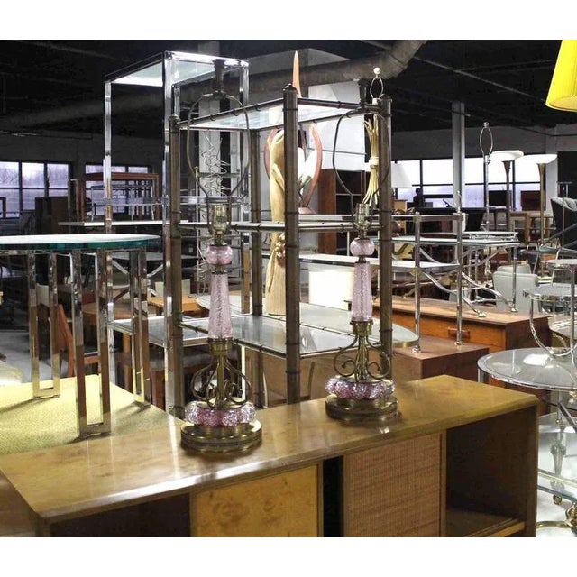 Vintage Mid Century Pink Murano Glass and Brass Table Lamps- a Pair For Sale - Image 4 of 10