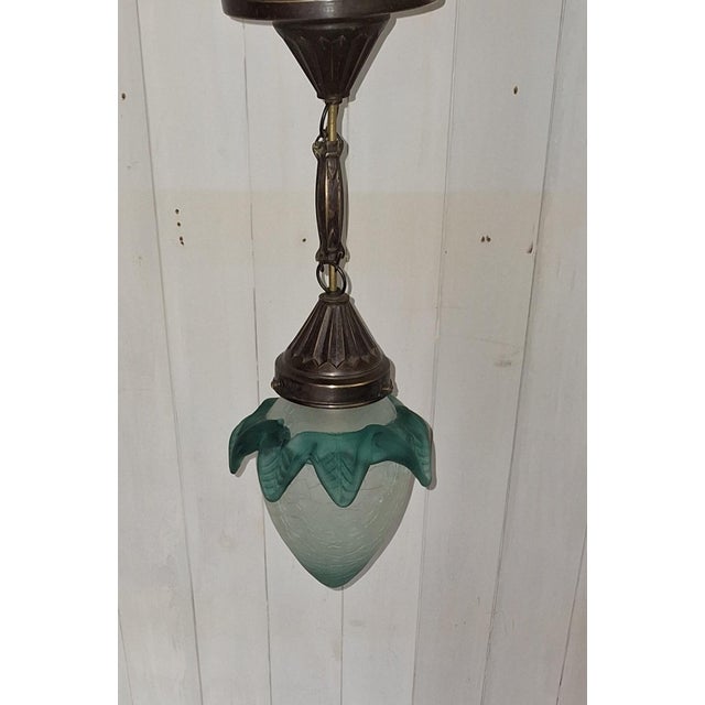 Antique Art Deco Ceiling Lamp in Frosted Glass and Brass, 1920s For Sale - Image 4 of 8