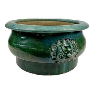 19th Century Large Ceramic Planter Bowl With Lion Heads For Sale
