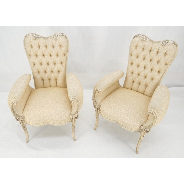 Wood Pair Rococò Louis XVI Style Tufted Pierce Carved Backs Off White Fireside Chairs For Sale - Image 7 of 12