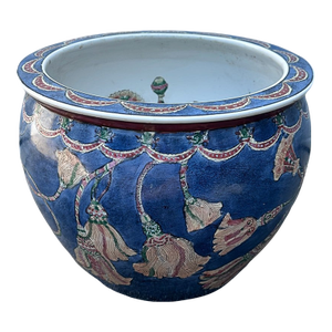 Vintage Chinoiserie Porcelain Koi Fish Bowl in Blue With Multi-Colored Tassel Design