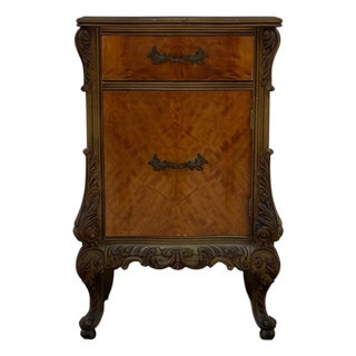 Vintage French Provincial Revival Parquetry Bedside Cabinet Nightstand Chest With Carved Details For Sale
