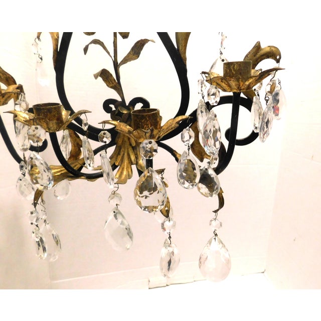 Black and Gold Gilt Metal Floral Wall Sconce, Teardrop Crystals, Candleholders For Sale In New York - Image 6 of 14