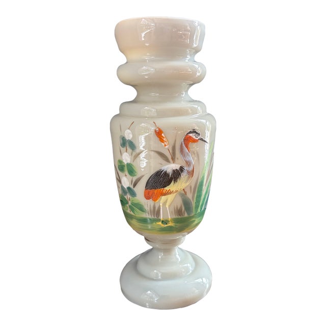 Antique Victorian Bristol Opaline Vase With Hand Painted Heron 7” For Sale