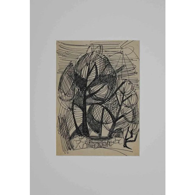 Landscape with trees is an original china ink drawing realized by Unknown Artist in 1950s. The artwork represent a...