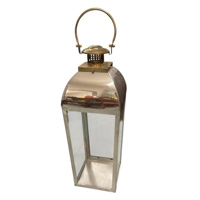 2000 - 2009 Large Mid-Century Modern Polished Stainless Steel and Brass Floor Lantern For Sale - Image 5 of 12